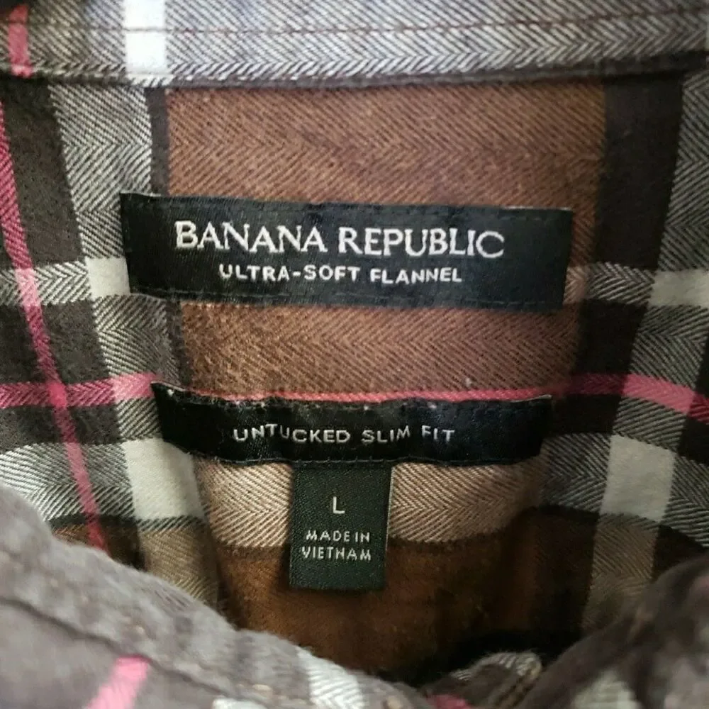 Banana Republic Ultra Soft Flannel Brown Plaid Untucked Slim Fit Long Sleeve Lg